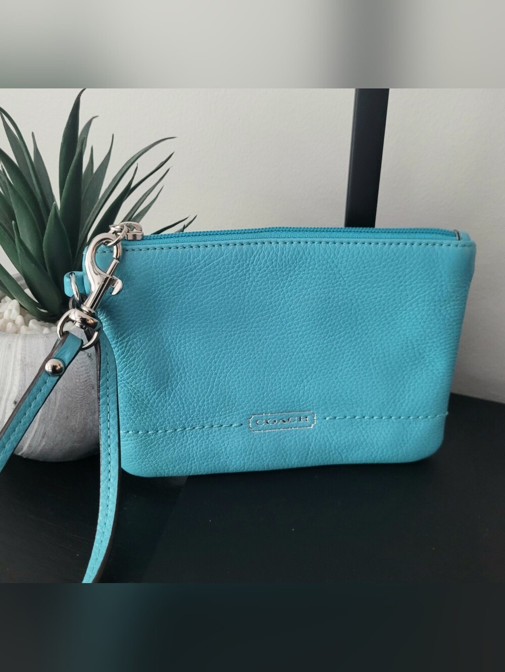 Coach Turquoise Pebbled Leather Wristlet Clutch